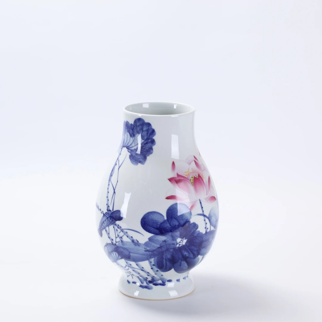 景德镇青花釉上红荷韵福筒樽瓶
