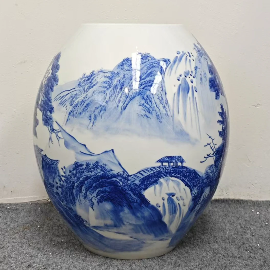 景德镇青花溪山秋晴阔口冬瓜瓶（高33肚27口14）