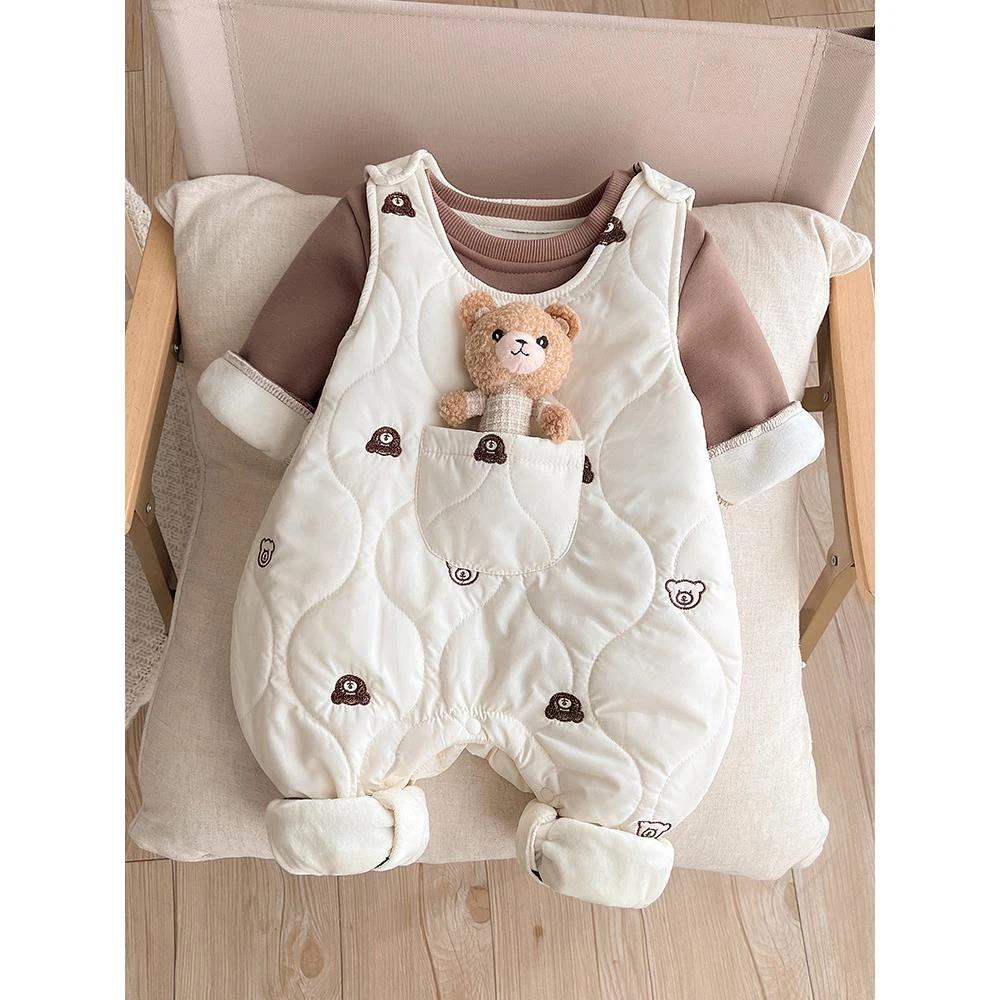 婴儿衣服套装秋冬装宝宝连体衣加绒夹棉外出哈衣背带裤分体两件套