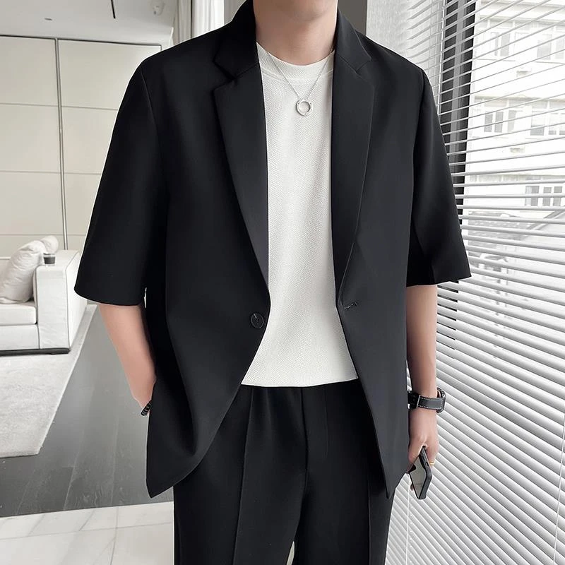 一套西服男大码加肥加大夏季五分袖薄款休闲西装韩版短袖职业外套