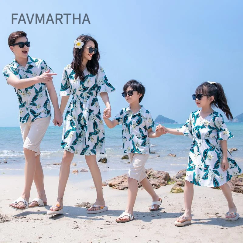 亲子装海边沙滩裙一家四口夏季母女连衣裙子全家衬衫套装2024新款