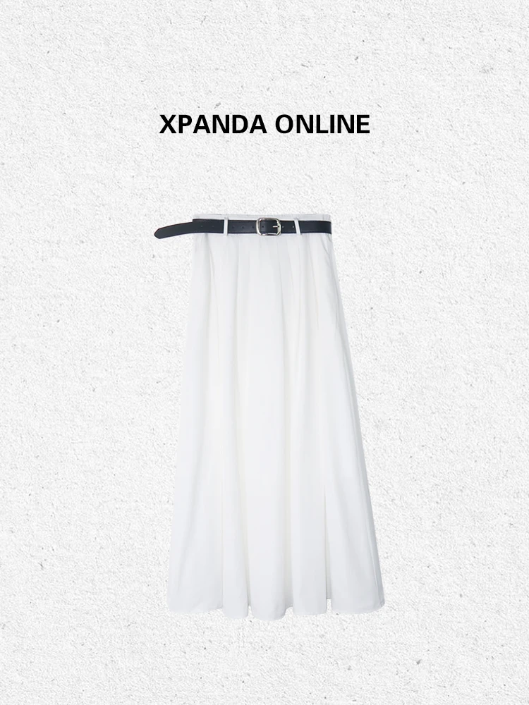 XPANDA 简约白色半身裙a字大摆伞裙 （含皮带）