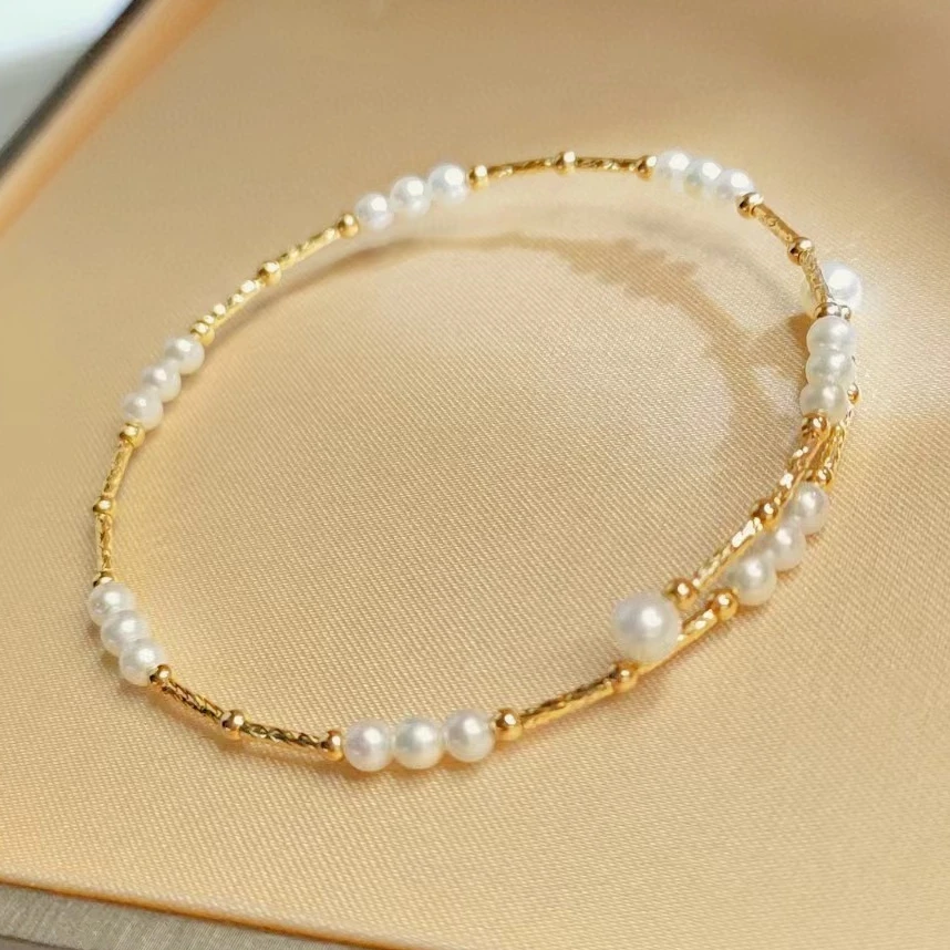 18K金天然珍珠竹节手串强光正圆金珠弹力手镯气质珠宝金色