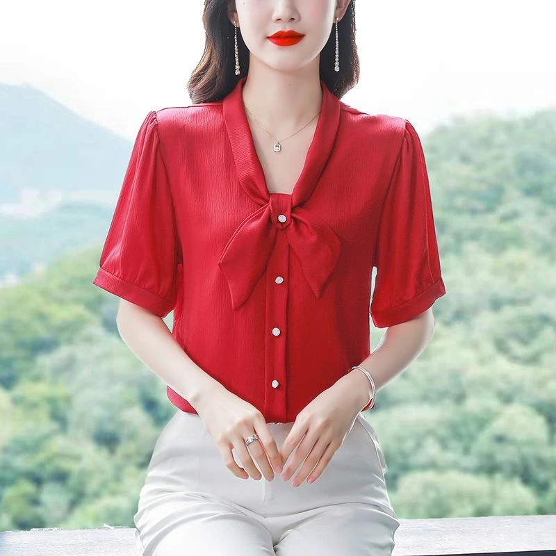 S387飘带雪纺衬衫女短袖2023夏季新款妈妈小衫宽松显瘦气质上衣女