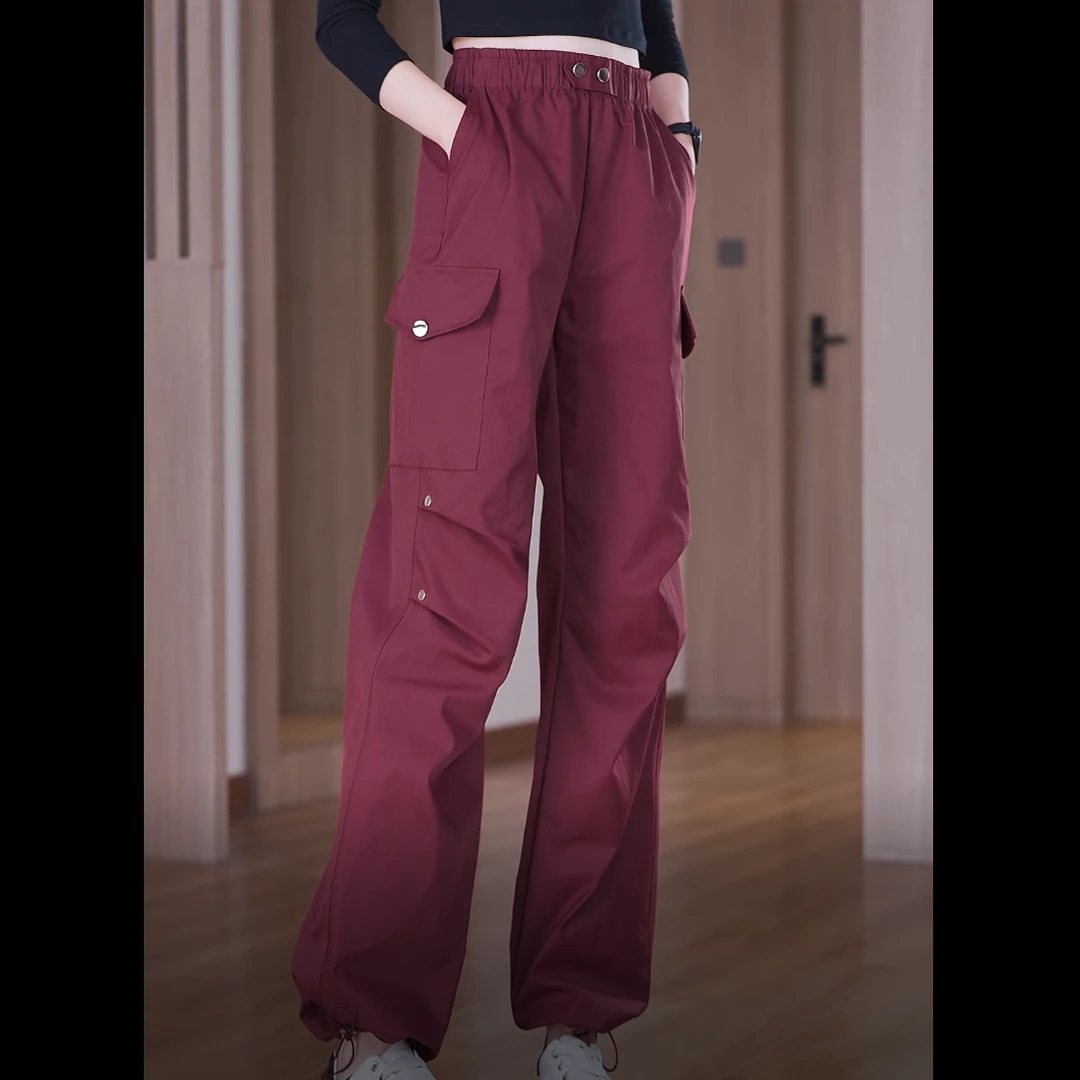 安可拉红工装裤女2024新春秋重工显瘦阔腿直筒束腿百搭运动休闲裤