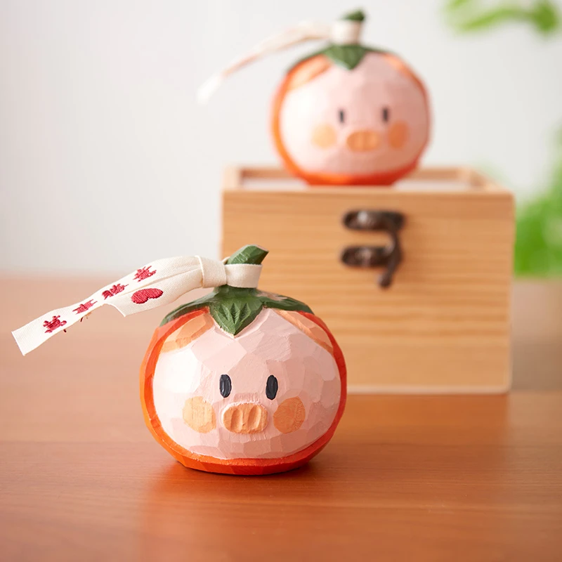 猪柿皆宜木雕玄关卧室书桌茶几创意可爱摆件手工工艺手绘节日礼物