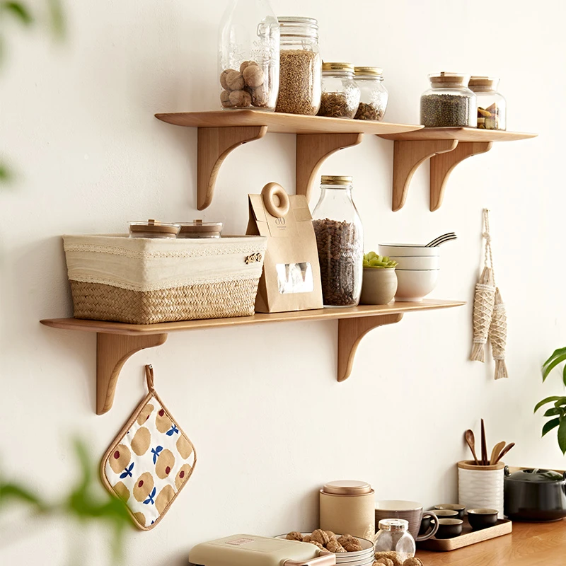 精磨黑胡桃木樱桃木上墙置物收纳带支架实木搁板一字客厅