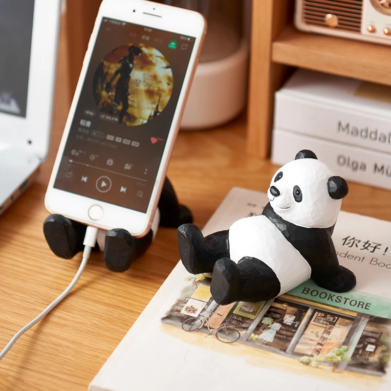 熊猫手机支架懒人网红神器通用实木雕椴木创意床头卡通可爱手机座