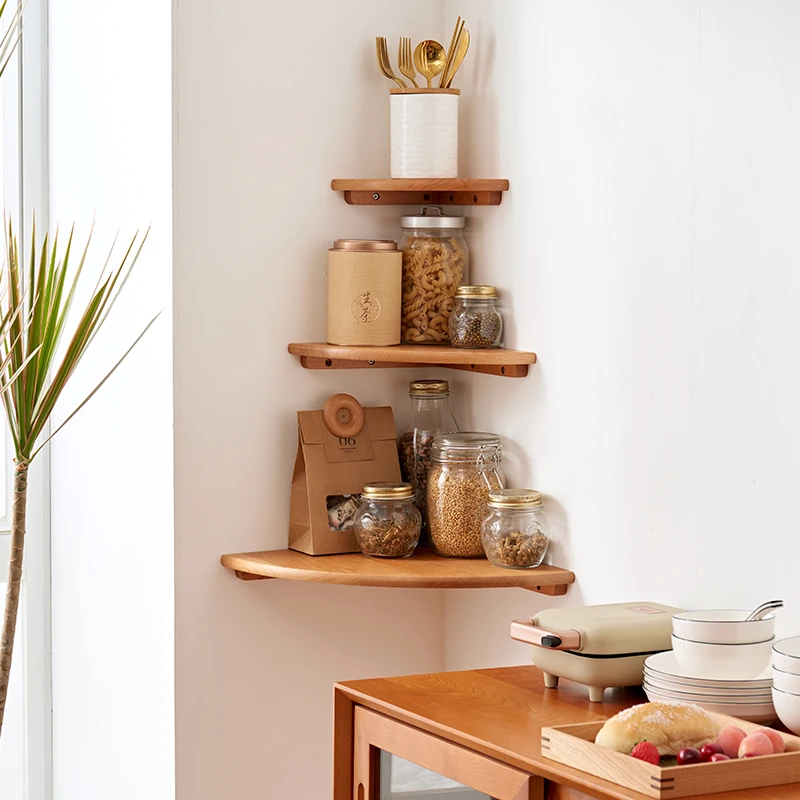 樱桃木实木墙角置物架三角免打孔壁挂小户型转角隔板简约扇形墙架