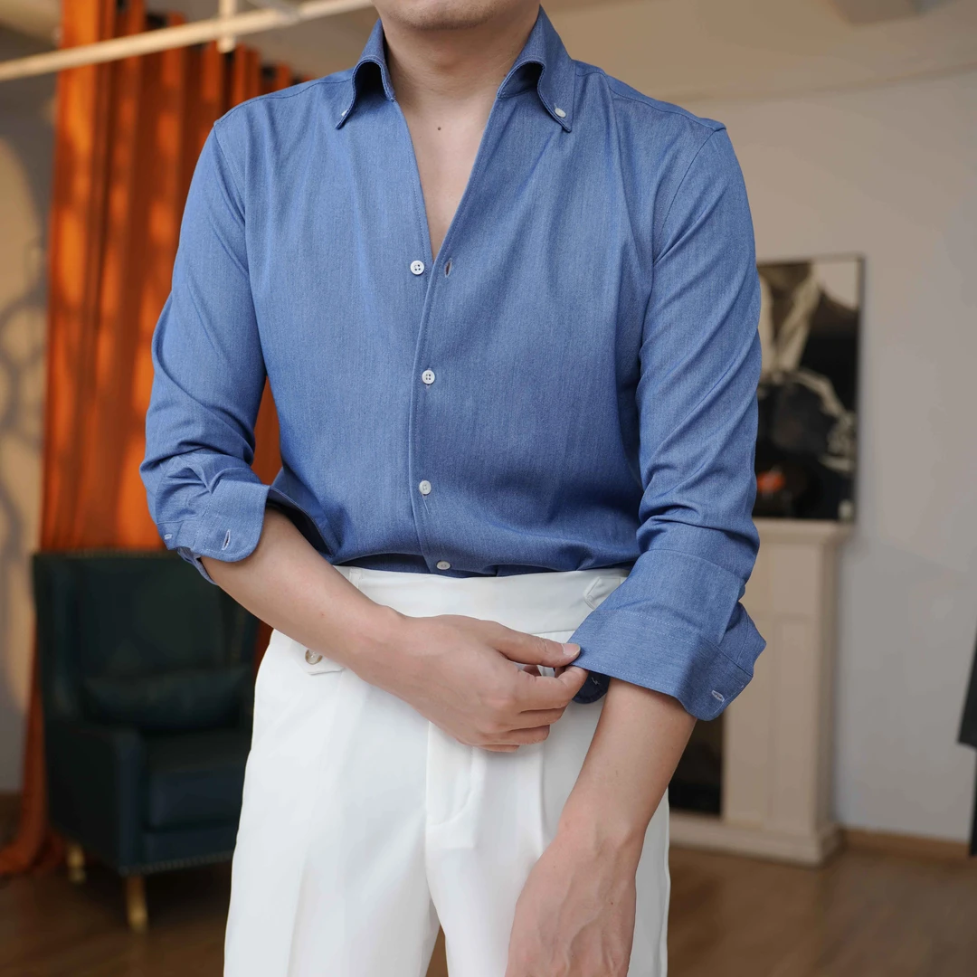 秋季意式一片领衬衣牛仔蓝百搭长袖男士纯色气质简约商务时尚衬衣
