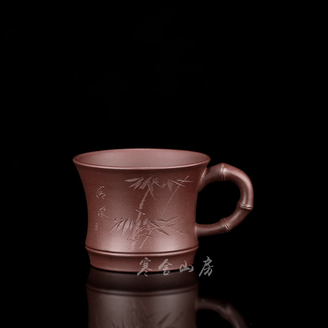 宜兴原矿紫砂紫泥竹叶侧把主人杯80cc