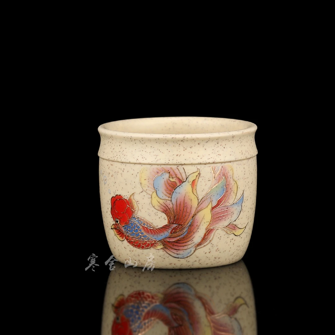 宜兴原矿紫砂白玉段彩绘鸿运当头紫砂主人杯120cc