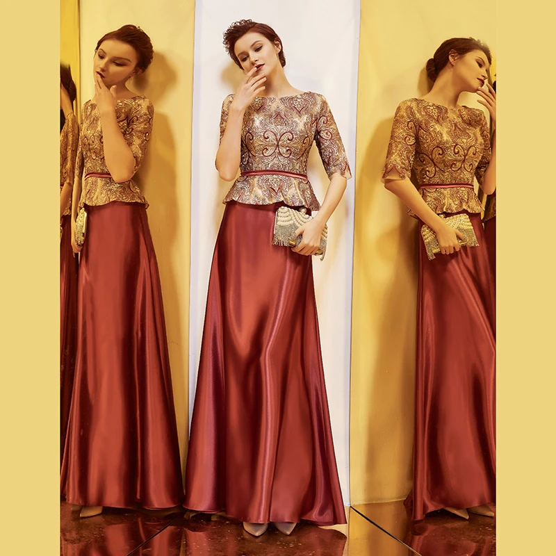 高档妈妈款婚宴礼服长款喜婆婆显瘦参加宴会酒红色新娘结婚礼服