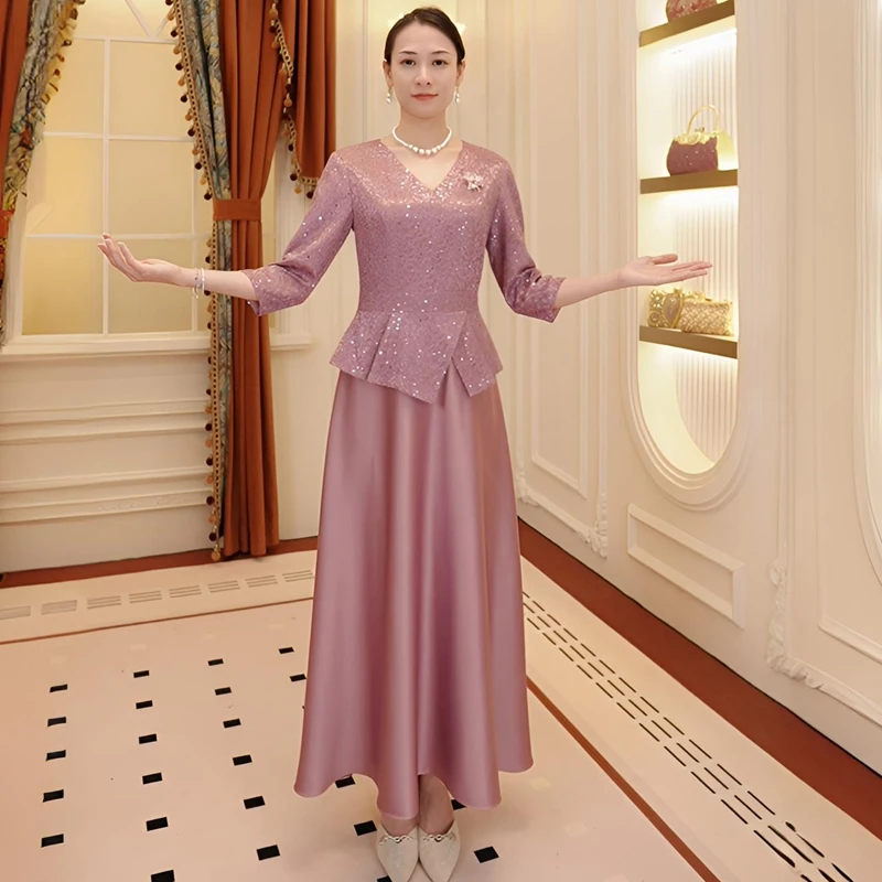 参加婚宴礼服遮肚子长款高贵年轻喜妈妈一米五矮个子喜服平时可穿