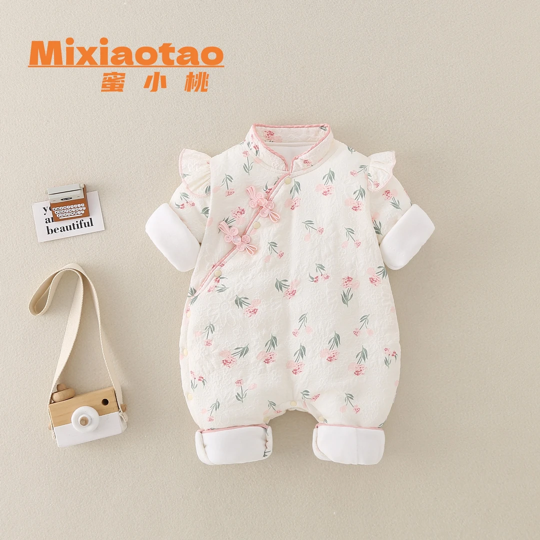 秋冬花之语120克夹棉秋冬满印花朵旗袍闭档哈衣连体衣外出服爬服