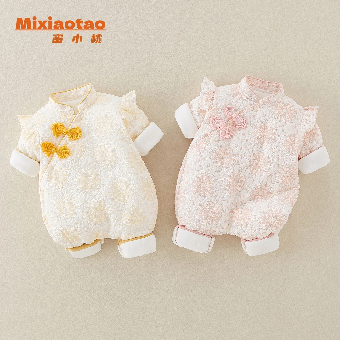 秋冬款花之语120克夹棉满印花朵旗袍闭档哈衣连体衣外出服爬服