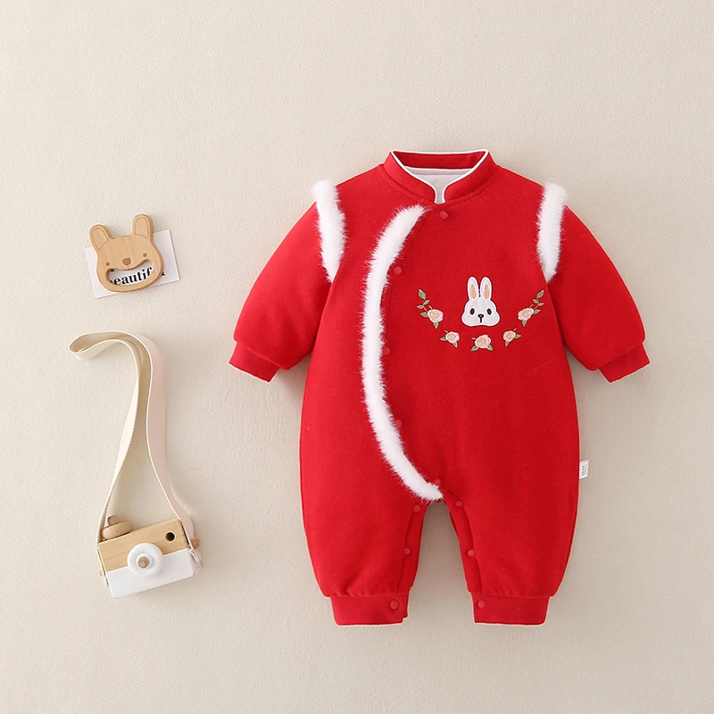 6白毛毛小兔冬款加厚夹棉闭档连体衣哈衣婴儿宝宝满月童装衣服