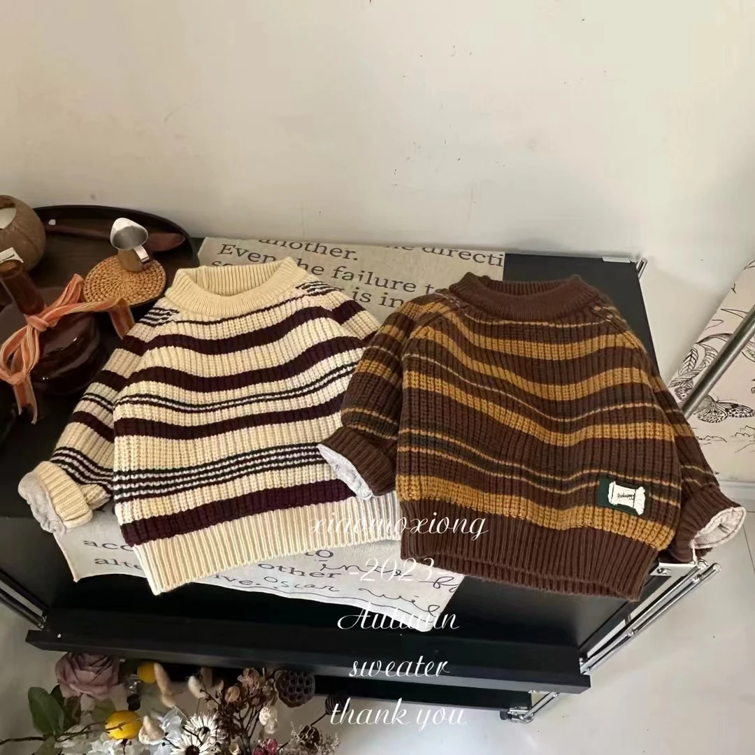 【全店通用】秋冬新款儿童撞色条纹套头加棉中领针织衫毛衣