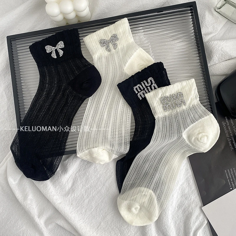 芭蕾风带钻蝴蝶结袜子女短袜夏季薄款欧货潮袜女可配玛丽珍小皮鞋