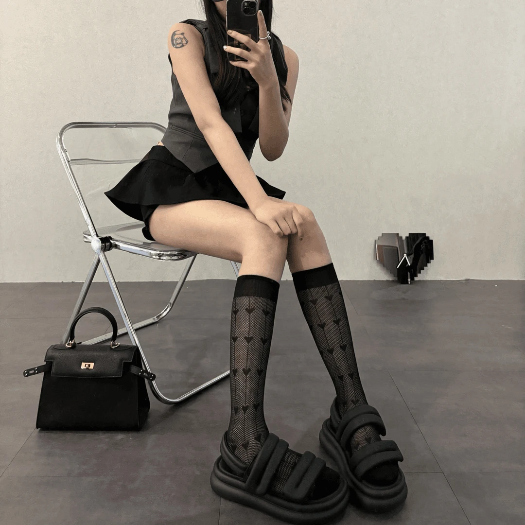 新款黑白灰爱心网眼夏季超薄小腿袜透气无骨小香风网红女袜日系棉