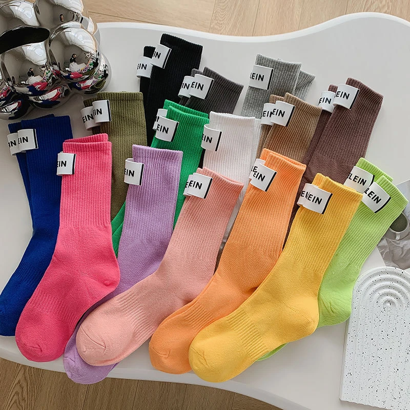 彩色袜子女中筒袜ins潮国日系贴标字母袜网红运动春秋堆堆袜夏天