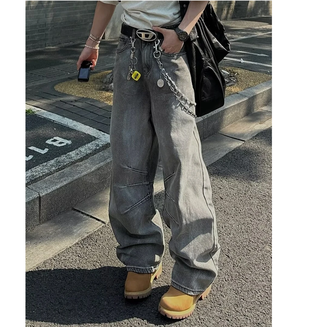 【张老师严选】美式牛仔裤复古高街做旧牛仔裤小众设计感大码牛仔裤