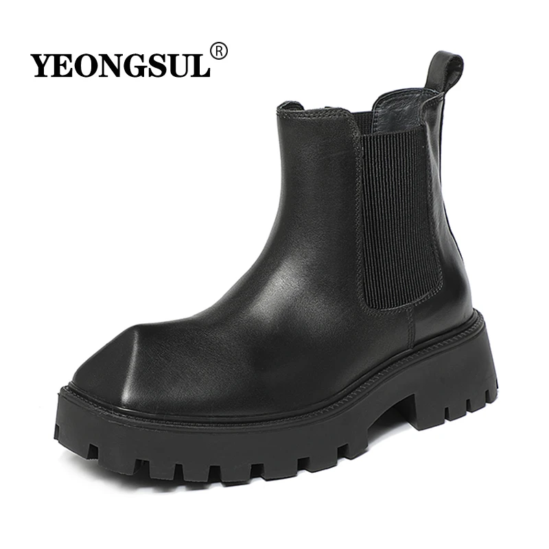 新款雅痞风高端男士6CM真皮增高鞋英时尚伦风黑色高帮机车靴