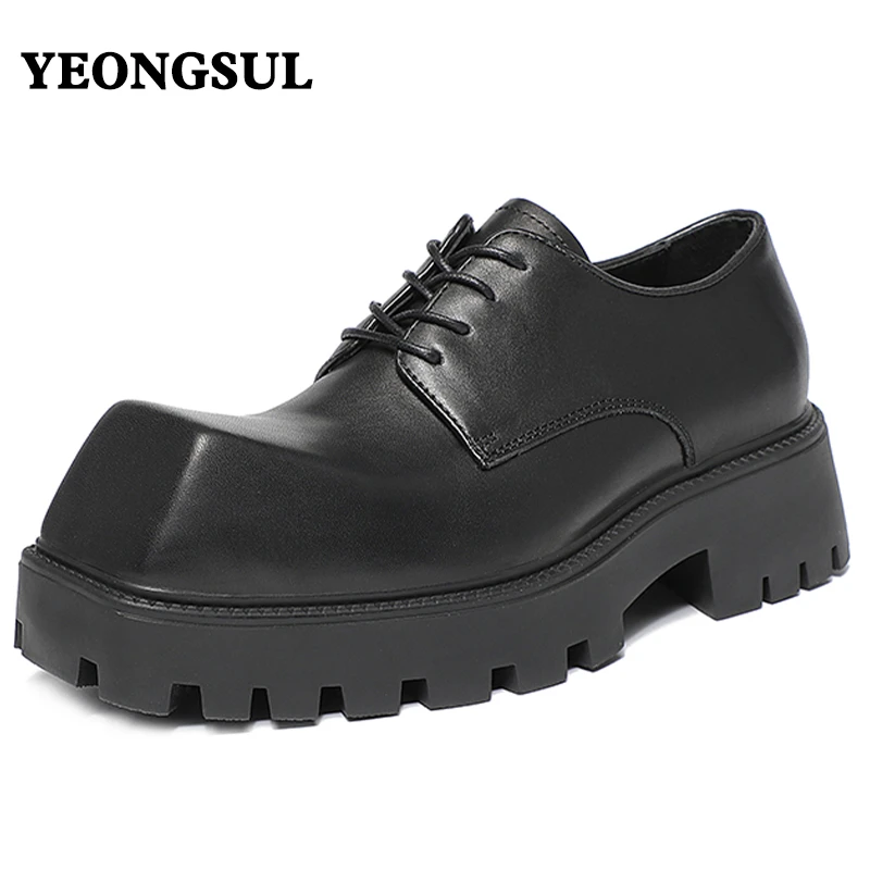 男士增高6CM厚底休闲皮鞋个性独特方头走秀鞋时尚小众德比鞋