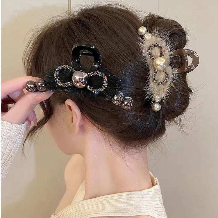 韩版蝴蝶结毛毛爪女后脑勺盘发鲨鱼夹大号发卡子半扎发后脑勺抓夹