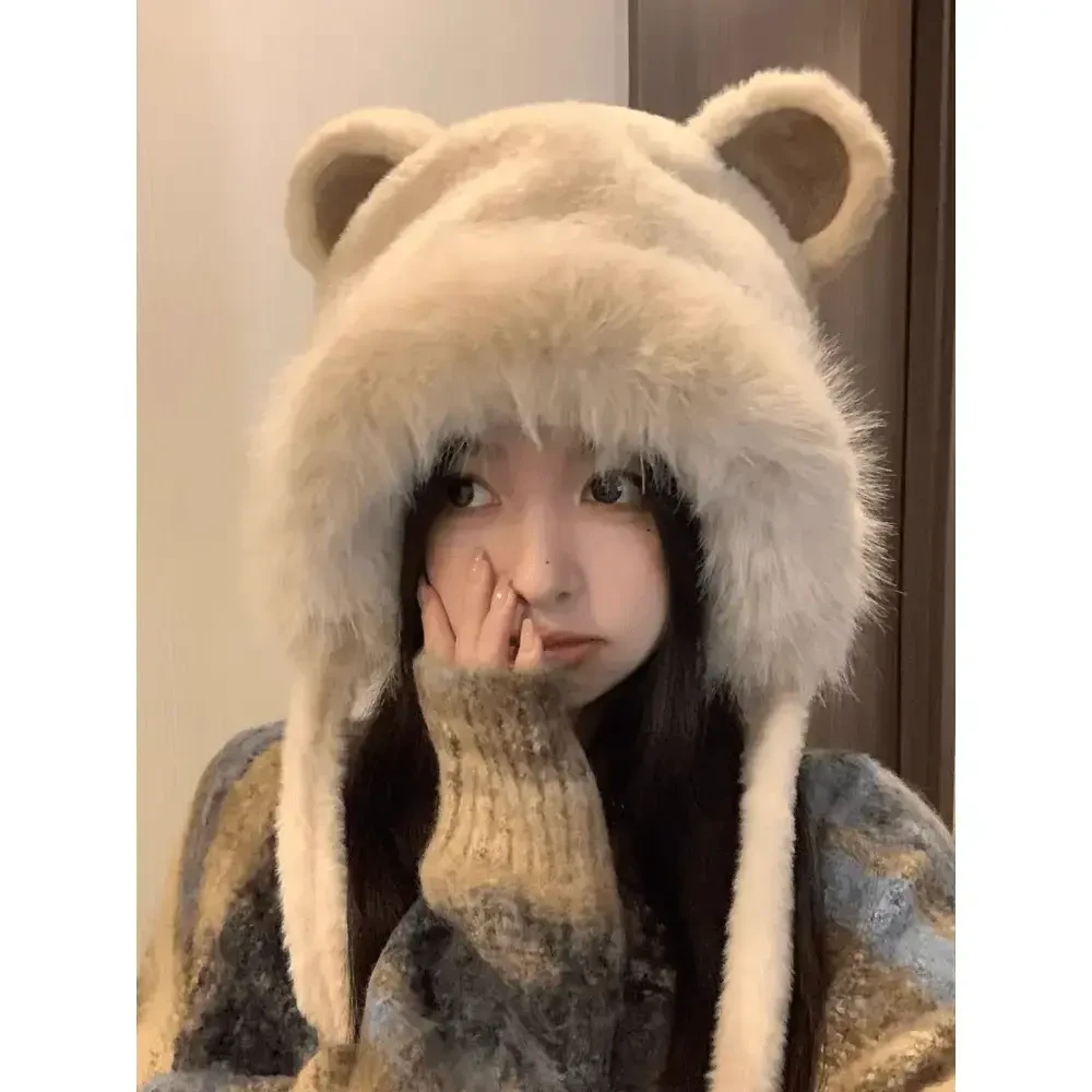 韩版可爱雷锋帽女秋冬季小熊耳朵毛绒帽加绒加厚骑行防寒护耳Z520