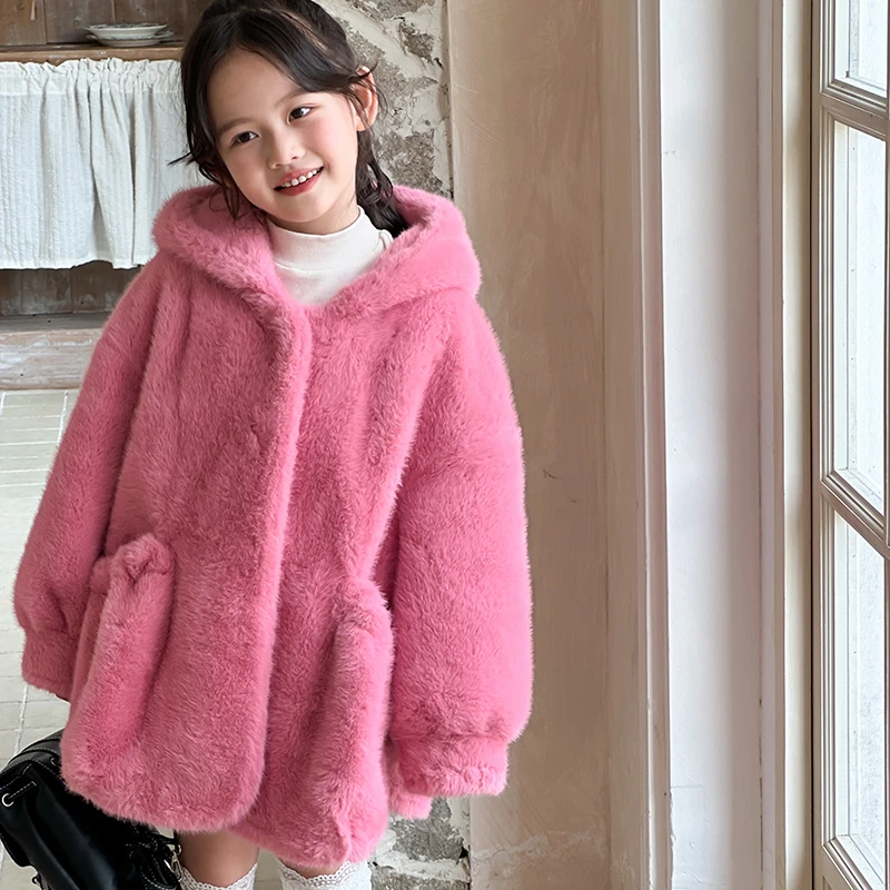 女童冬季外套新款潮童中大儿童毛毛连帽加厚仿水貂麂皮绒大衣洋气