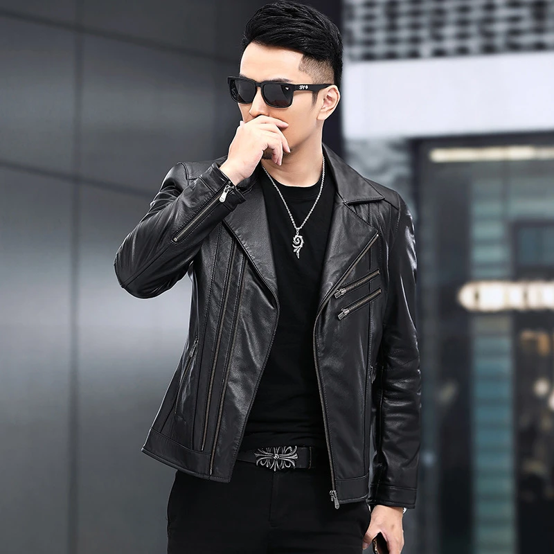 海宁真皮男士头层牛皮薄款皮衣西装领机车款皮夹克短款修身帅气潮