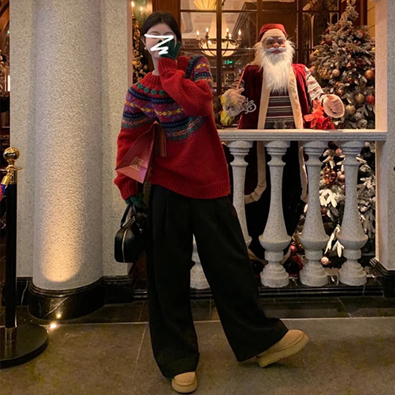 费尔岛复古红色圣诞毛衣女秋冬季大码胖mm宽松加厚慵懒风针织上衣