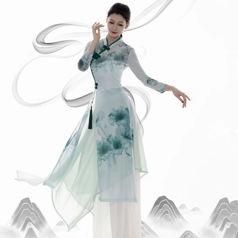 古典舞旗袍舞蹈服装练功服弹力中国身韵练功服身纱衣上衣表演飘逸