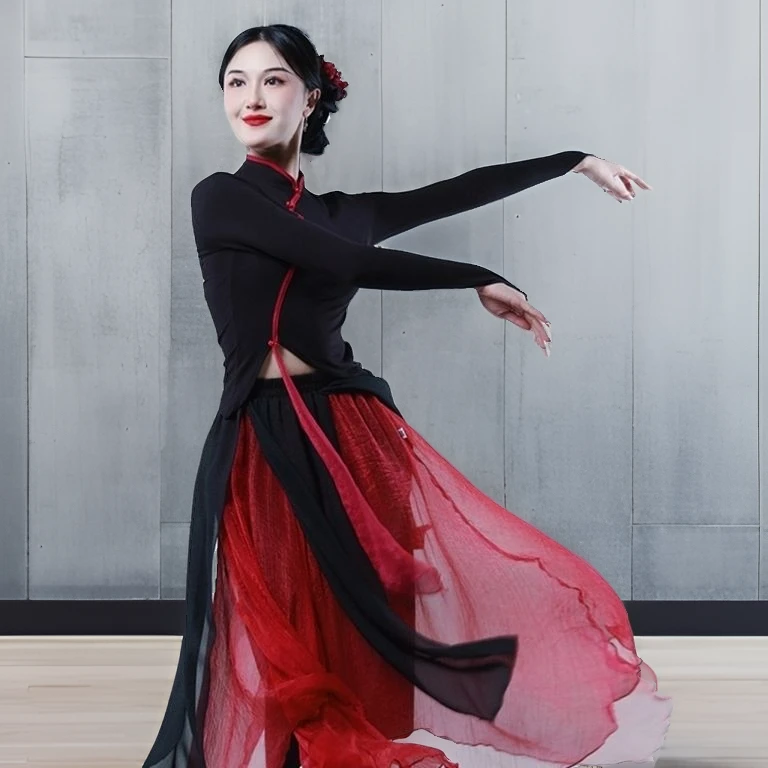 新款古典舞蹈服装黑色现代舞身韵练功服中国风旗袍款民族舞古风女