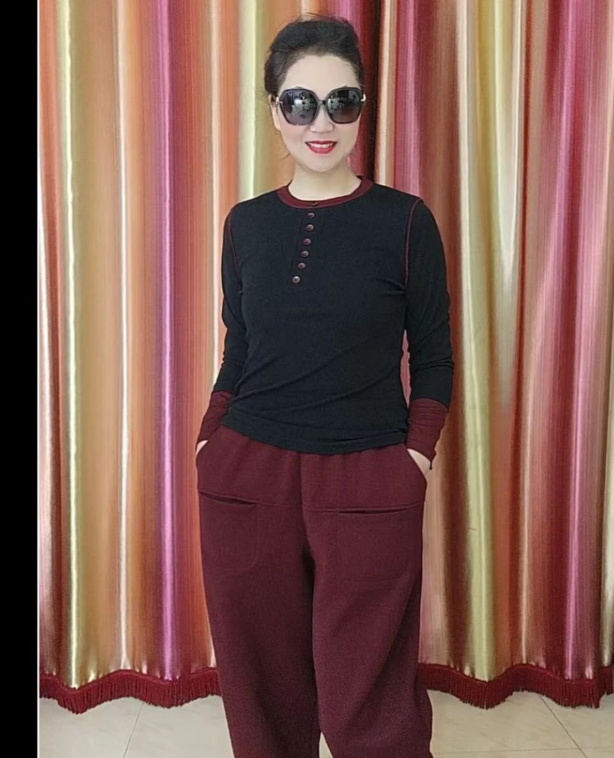 时尚拼接扣子长袖上衣