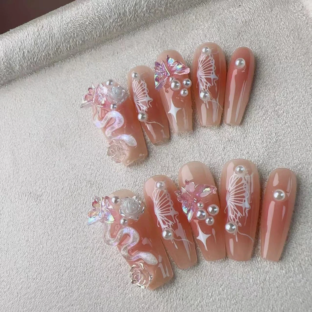 网红爆款纯手工穿戴甲粉色中长梯蝴蝶飘飘小蛇花香仙女美甲ins风