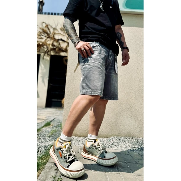 【薄款】阿美咔叽复古水洗破洞做旧烟灰色五分裤工装短裤Q202