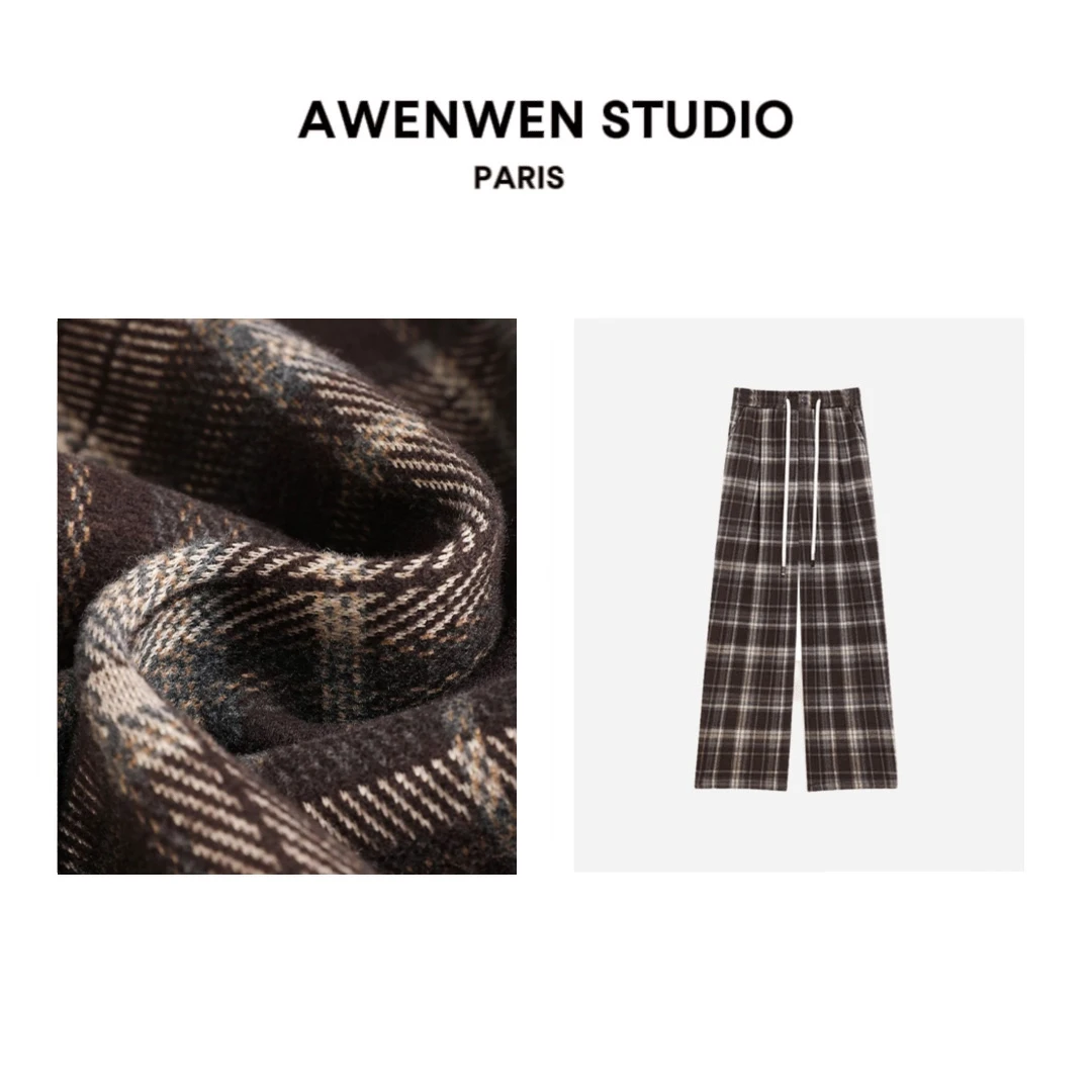 AWW STUDIO【加绒格子】秋冬复古格子裤宽松休闲窄版直筒裤1