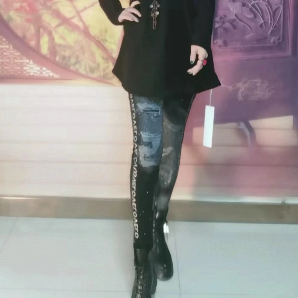 【嘉蔚推荐】个性仿牛仔印花弹力休闲打底裤