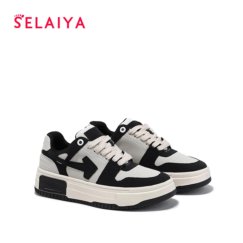 Selaiya牛皮拼色显脚小板鞋女2023秋季新款舒适休闲鞋系带运动鞋