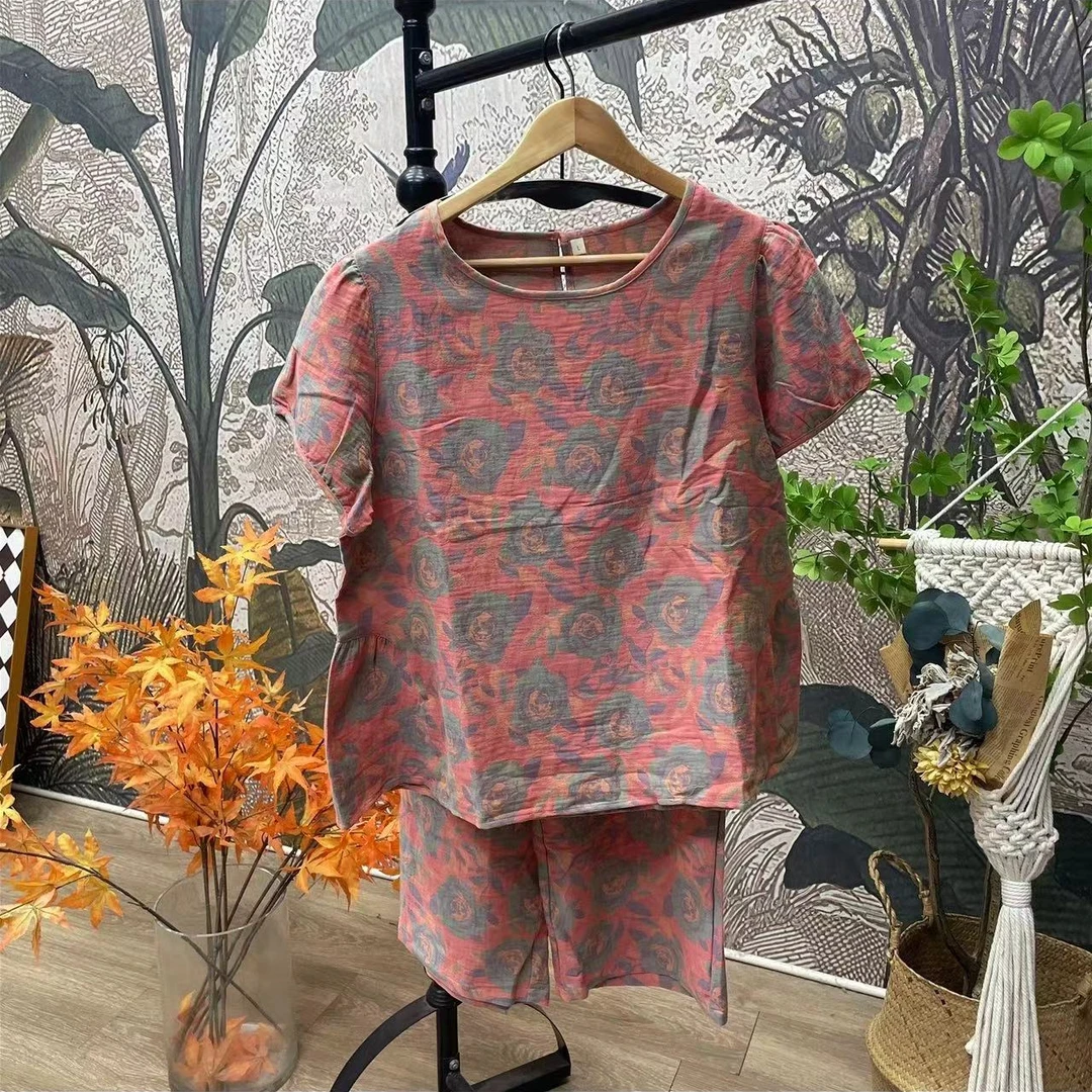 玫瑰泡泡袖-2024夏季全棉双层纱女士短袖长裤套装睡衣家居休闲