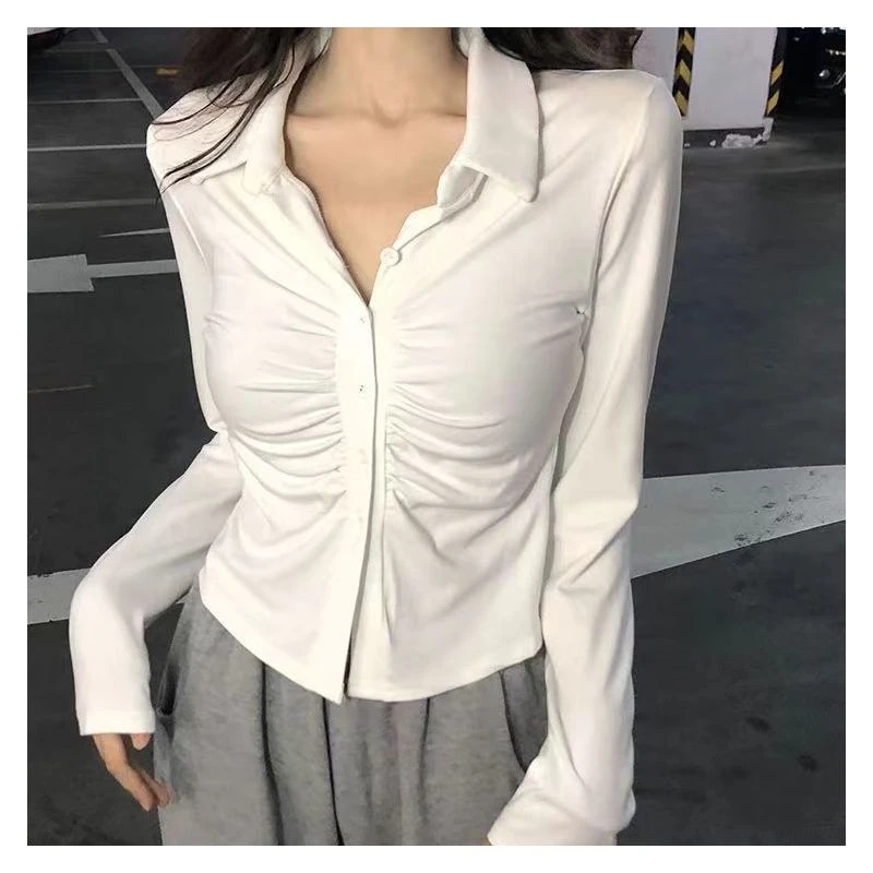 设计感褶皱长袖T恤秋季2025新款修身显瘦POLO领纯欲风打底上衣女