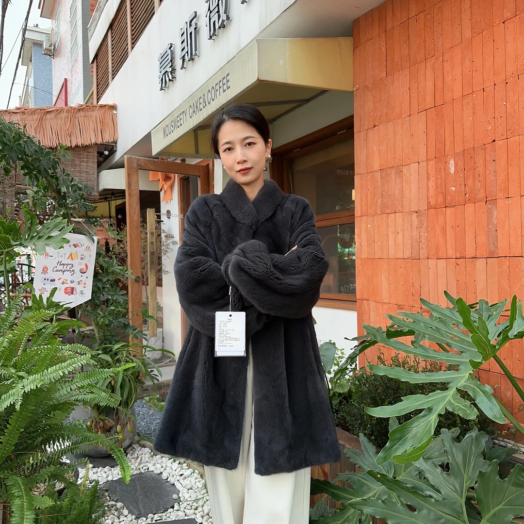 【丽丽】丹麦进口水貂短二天鹅绒小母貂立领长款外套休闲款宽松274