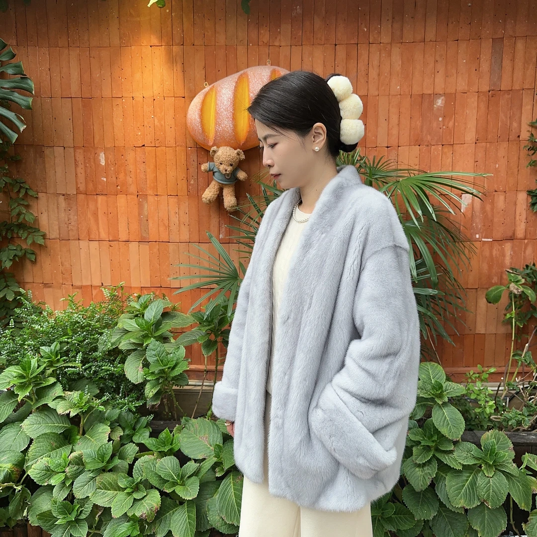 【丽丽】丹麦进口水貂短二天鹅绒母貂V领中长皮草外套休闲款宽松250