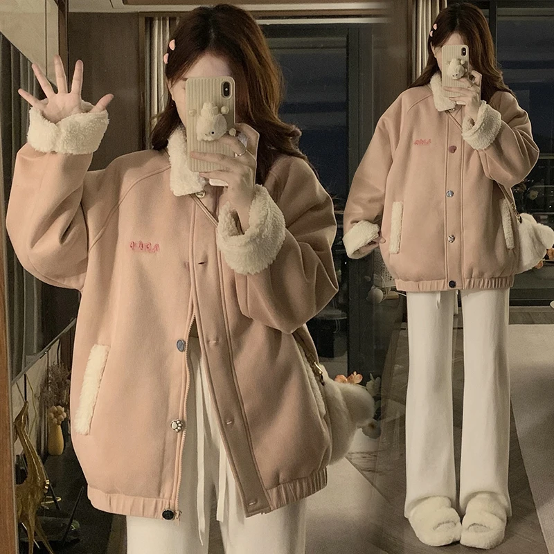 羊羔毛外套女冬季加厚保暖学院风宽松百搭羊羔绒棉衣棉服保暖棉袄