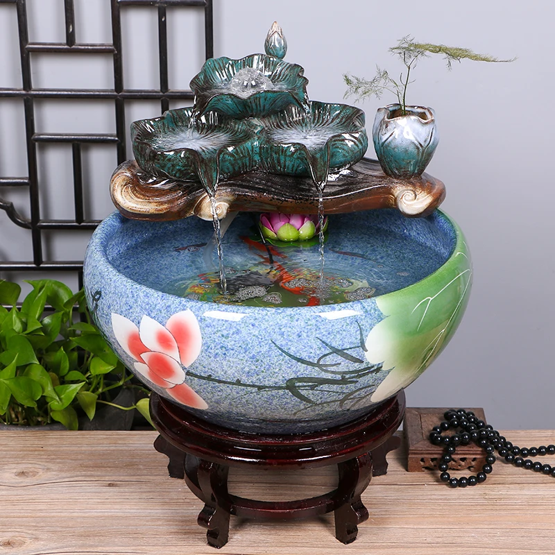 景德镇陶瓷鱼缸客厅喷泉桌面流水摆件鱼缸家用循环招财鱼缸养鱼盆
