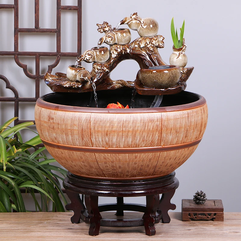 景德镇陶瓷鱼缸流水喷泉家用小金鱼缸手绘乌龟养鱼盆加湿装饰造景