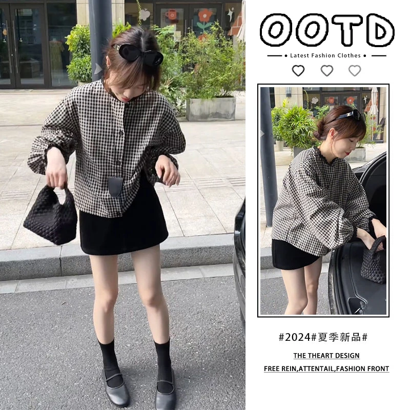 2024早秋一整套穿搭女韩版蕾丝拼接格子圆领上衣高腰短裙两件套女