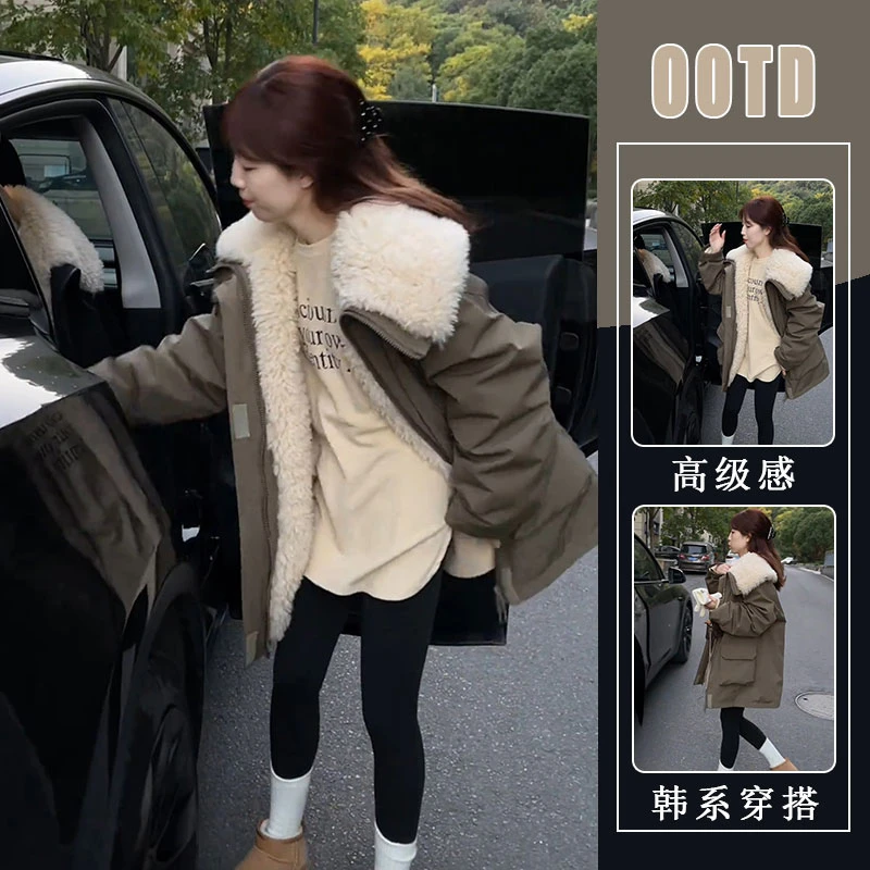 美式工装风翻领羊羔绒派克服2025冬季新款加厚保暖中长款棉服外套
